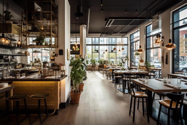 ein Restaurant mit einem gelben Tisch und Stühlen und einem Fenster mit einer Pflanze in der Ecke