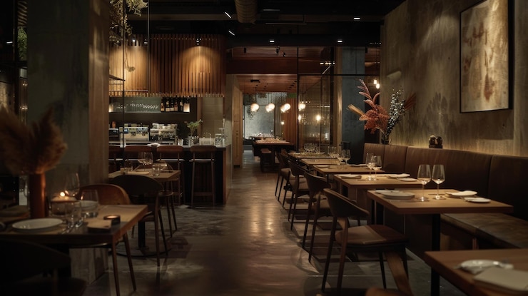 Foto ein restaurant mit einem großen tisch und stühlen mit einer blume oben