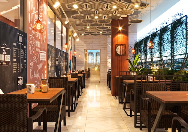 ein Restaurant mit einem Menü an der Wand, auf dem steht Café