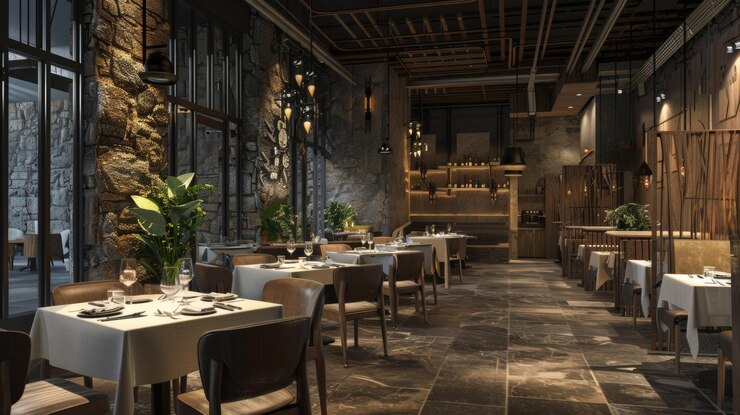 Foto ein restaurant mit einem tisch, stühlen und einem kronleuchter
