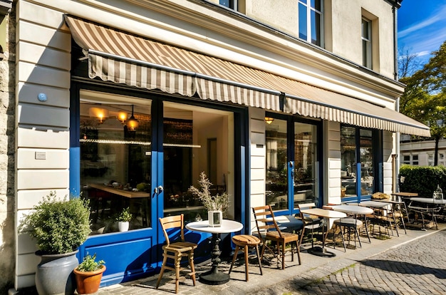 ein Restaurant mit einer blauen Tür, auf der steht Café