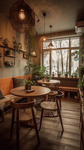 Ein Restaurant mit großem Fenster und Pflanzen an der Wand