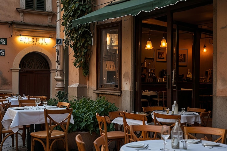 Foto ein restaurant mit tischen und regenschirmen draußen