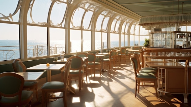 ein Restaurant mit Tischen und Stühlen und einem Fenster mit dem Ozean im Hintergrund.