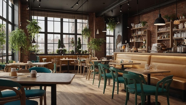 ein Restaurant mit Tischen und Stühlen und Pflanzen an den Wänden