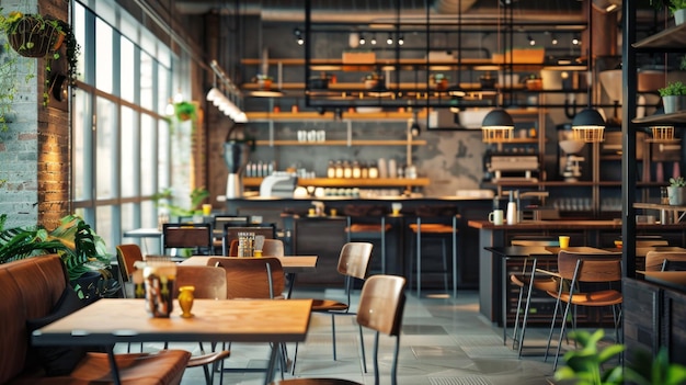 Ein Restaurant mit vielen Tischen und Stühlen und einer Topfpflanze in der Ecke