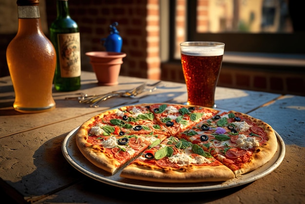 Ein Restaurant serviert eine Pizza im mediterranen Stil auf einem rustikalen Tisch bei Sonnenuntergang Ai generiert