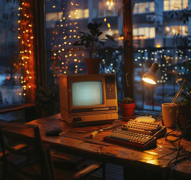 Ein Retro-Computer erhellt eine gemütliche Ecke, sein Glanz ergänzt die festlichen Lichter vor dem Fenster. Die Umgebung strahlt Wärme und eine charmante Mischung aus Vergangenheit und Gegenwart aus.