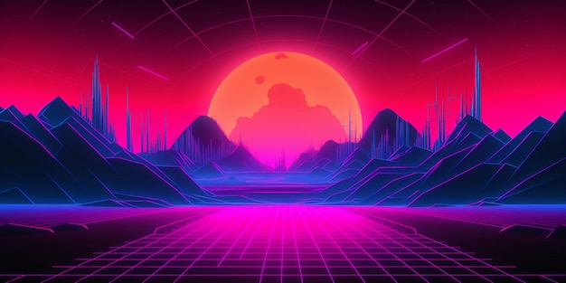 Ein Retro-Hintergrund im 80er-Jahre-Stil mit einer Neonlandschaft und Bergen.