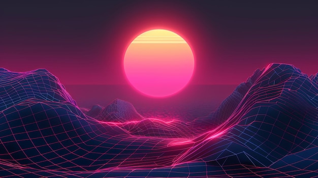 Ein Retro-Synth-Wellen-Hintergrund mit einem Gitterberg und einem neonrosafarbenen Sonnenuntergang Realistische moderne Illustration eines Retro-Wellenhintergrunds im Stil der 80er Jahre Abstraktes Drahtrahmen geometrische Hügellandschaft mit der Sonne in