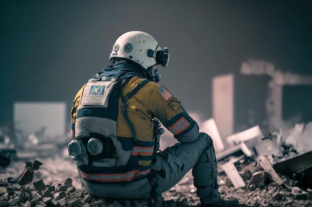 Ein Rettungsarbeiter sitzt traurig und müde auf eingestürzten Trümmern. Generative KI