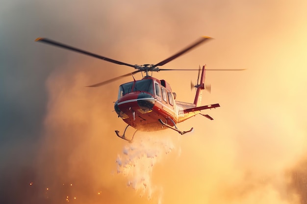 Ein Rettungshubschrauber löscht einen Waldbrand, indem er eine große Menge Wasser auf einen brennenden Kegel wirft