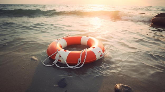 Ein Rettungsring im Wasser mit der untergehenden Sonne dahinter