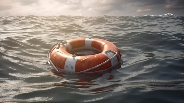 Ein Rettungsring schwimmt im Meer mit einem bewölkten Himmel im Hintergrund.