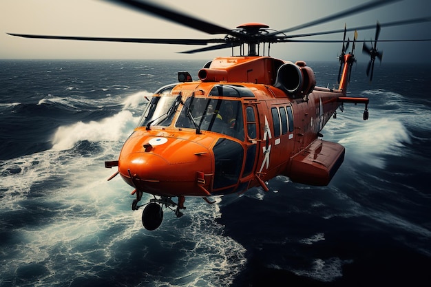 Ein Rettungsschwimmer der Küstenwache steigt mitten im tiefen blauen Meer von einem Hubschrauber auf ein Schiff herab und führt eine gewagte Rettungsaktion durch.