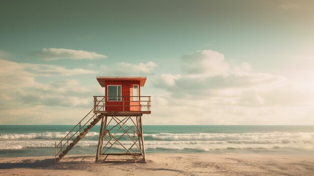 Ein Rettungsschwimmerturm steht als Wache am Strand