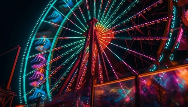 Ein Riesenrad bei Nacht mit buntem Lichtspiel.