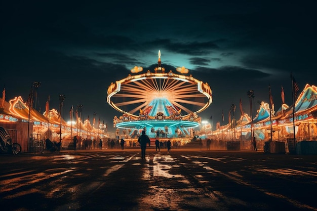 Ein Riesenrad in der Nacht mit den Lichtern oben.