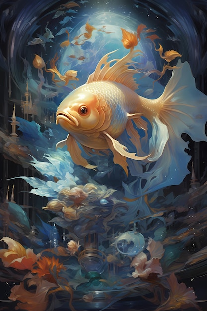 ein riesiger exotischer königlicher magischer Goldfisch umgeben von Schätzen in blauen Farben