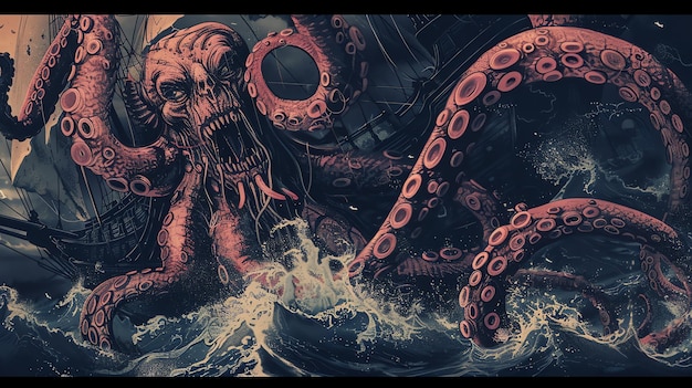 Foto ein riesiger oktopus greift ein schiff an, der oktopus ist um den rumpf des schiffes gewickelt und seine tentakeln schwanken in der luft