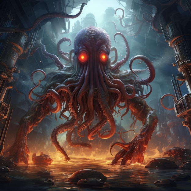 ein riesiger Oktopus mit roten Augen und Tentakeln in einem dunklen Raum