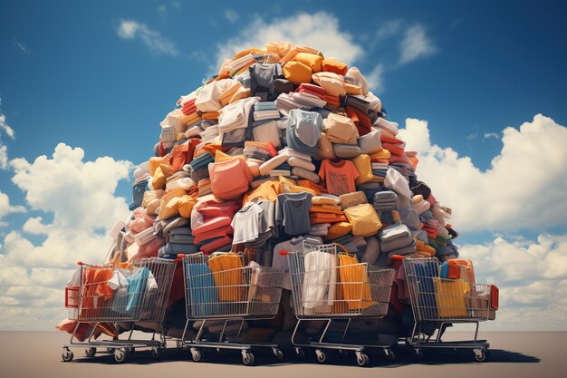 Ein riesiger Stapel verschiedener gefalteter Kleidungsstücke füllt einen Einkaufswagen bis an den Rand, was den Verbrauchersturm der Black Friday-Verkäufe symbolisiert
