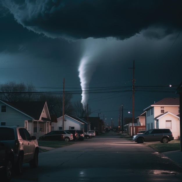 Ein riesiger Tornado, der sich nachts über der Stadt dreht, erzeugt mit generativer KI-Technologie.