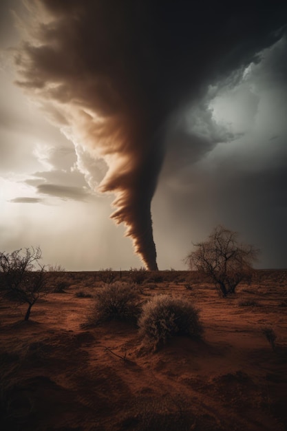 Ein riesiger Tornado, der sich über der Wüste dreht, erzeugt mit generativer KI-Technologie