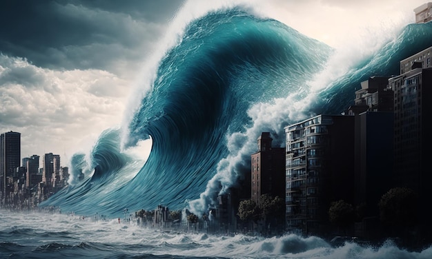 Ein riesiger Tsunami zerstört eine Stadt mit einer großen Welle, die die Landschaft überschwemmt