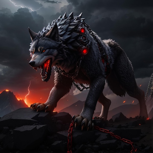 Ein riesiger wütender Wolf steht auf einem Vulkan