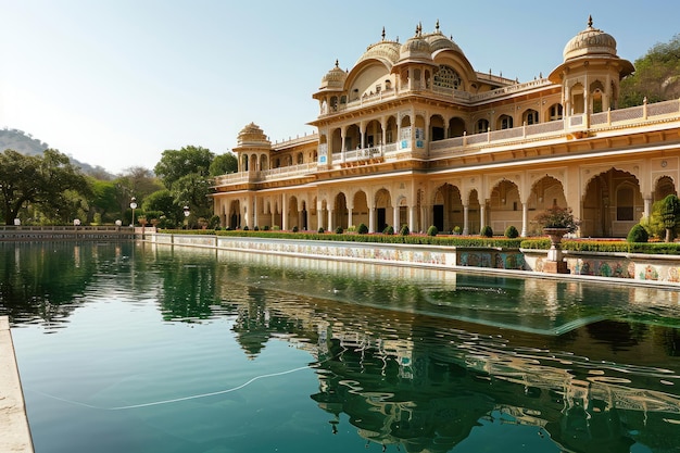 Ein riesiges architektonisches Wunder ein hoch aufragender Wolkenkratzer steht imposant neben einem ruhigen Gewässer extravagante Paläste im Herzen Indiens KI-generiert