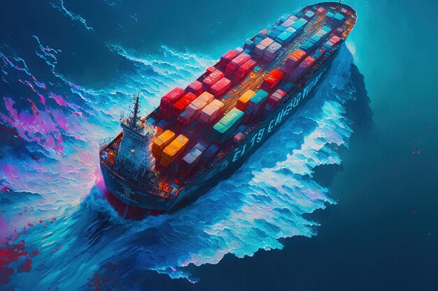 Ein riesiges, farbenfrohes Container-Tankerschiff in LKW-Größe, das über einen tiefblauen offenen Ozean fährt