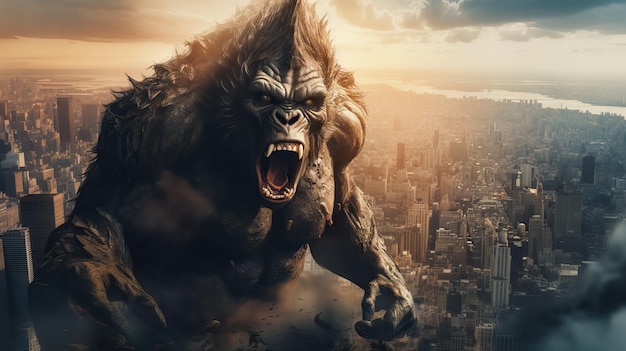 Ein riesiges Gorillamonster auf den Straßen einer Metropole. Ein prähistorischer Primat, der bis heute überlebt hat. Eine beliebte Figur der Massenkultur. Vorlage für Poster, T-Shirt-Druck usw