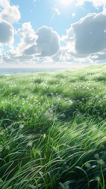 Ein riesiges Grasland mit blauem Himmel und flauschigen Wolken im Hintergrund