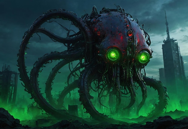 Ein riesiges Maschinen-Monster mit der Erscheinung eines Oktopus zerstört eine Stadt