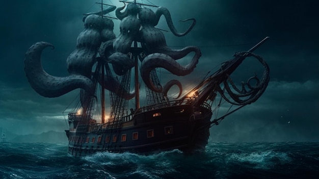 Foto ein riesiges oktopus-kraken-monster, das ein piratenschiff im dunklen ozean angreift generative ki