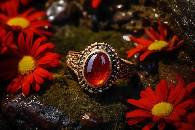 Ein Ring mit einem Stein und einer roten Blume darauf