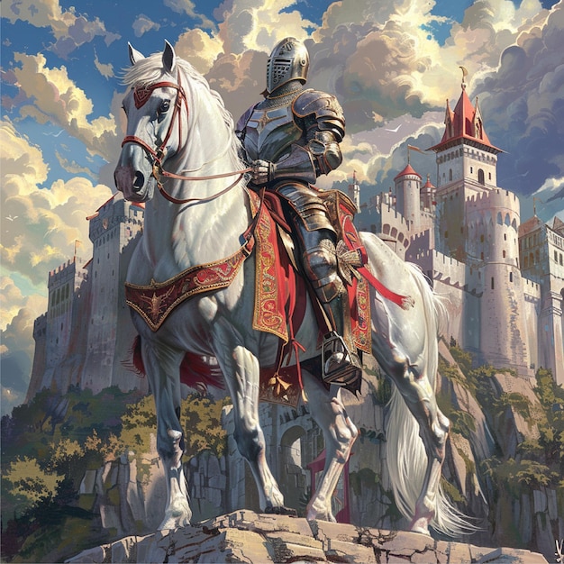 ein Ritter auf einem Pferd mit einem Schloss im Hintergrund