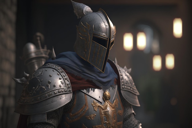 Ein Ritter in einem dunklen Raum mit einem Helm darauf.