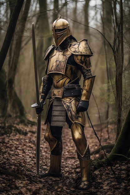 Foto ein ritter in goldener rüstung steht in einem wald