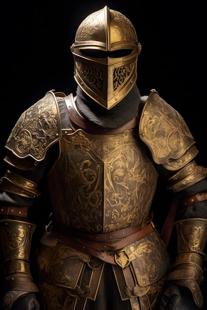 Ein Ritter in goldener Rüstung steht vor schwarzem Hintergrund