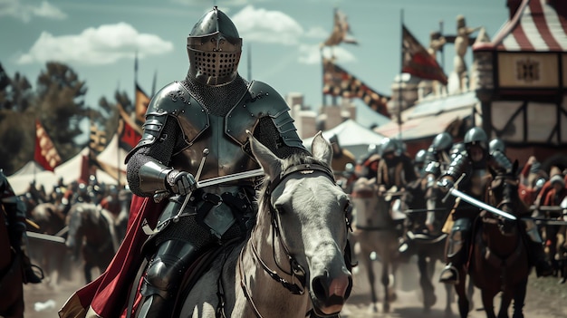 Foto ein ritter in voller rüstung sitzt auf einem weißen pferd und hält ein schwert in der rechten hand.