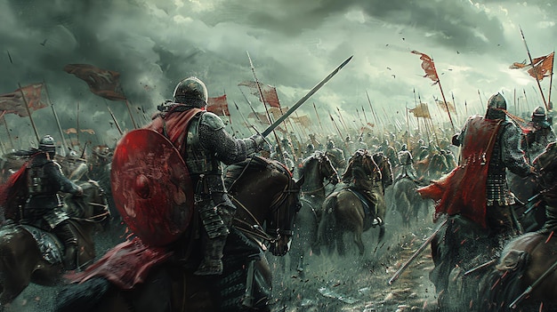 Ein Ritter in voller Rüstung stürmt auf einem Pferd in die Schlacht, er ist von anderen Rittern umgeben, die alle ebenfalls in die schlacht stürmen.