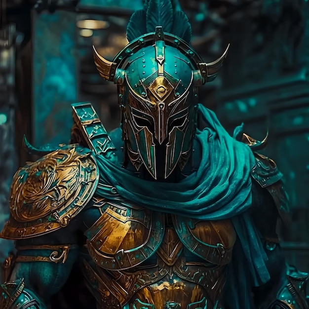 Ein Ritter mit einer blauen Maske und einem Schwert