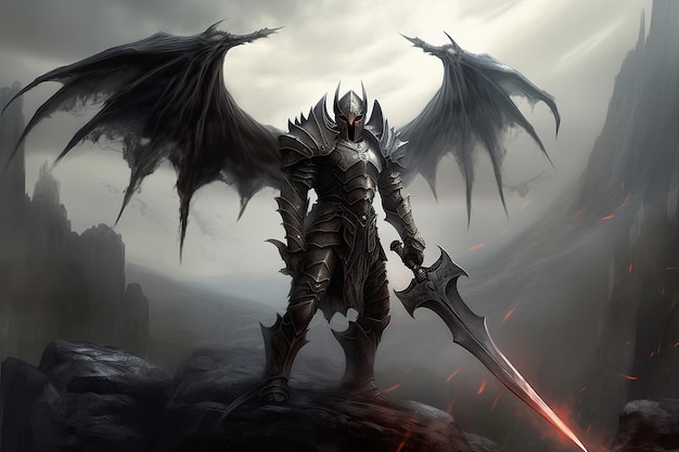 Ein Ritter mit Schwert und Flügeln steht auf einem felsigen Hügel.