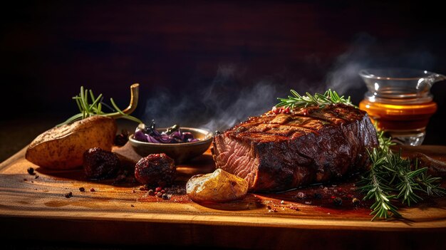 Foto ein roastbeef auf einem holzbrett mit rauchigem hintergrund