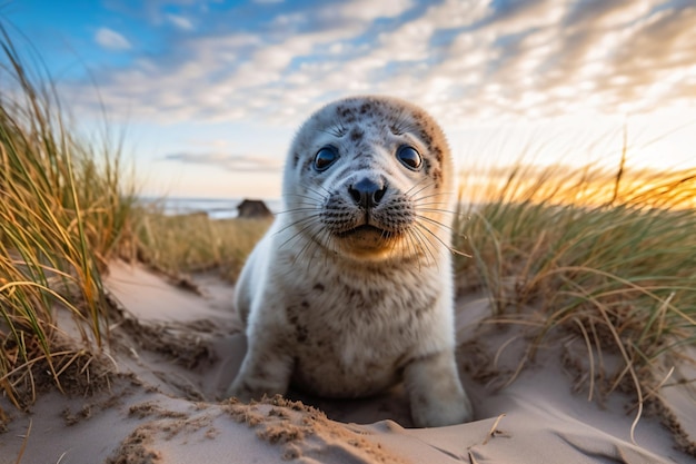 Ein Robbenbaby liegt im Gras