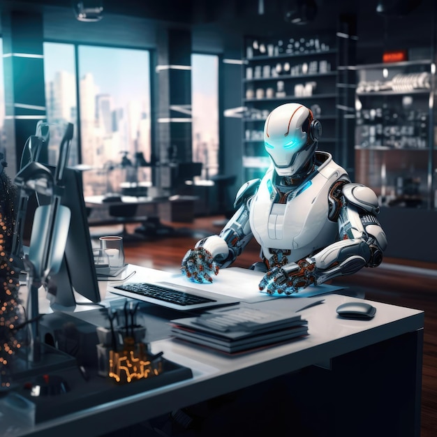 Ein Roboter arbeitet an einem Computer in einem Büro