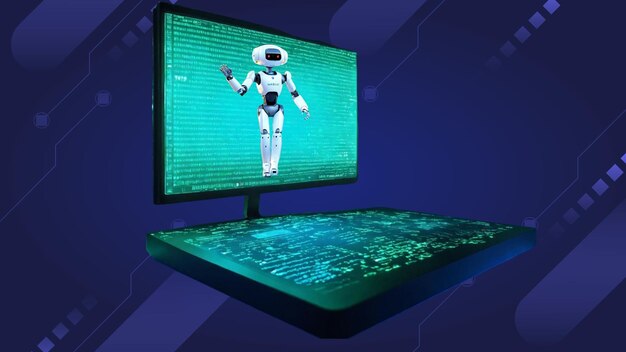 ein Roboter auf einem Computermonitor mit einem grünen Bildschirm, auf dem steht Roboter