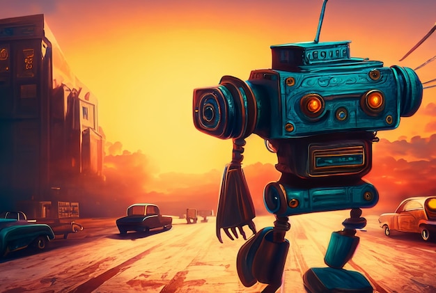 ein Roboter aus den 1930ern, der in den Sonnenuntergang geht Vintage-Filmposter digitale Kunst